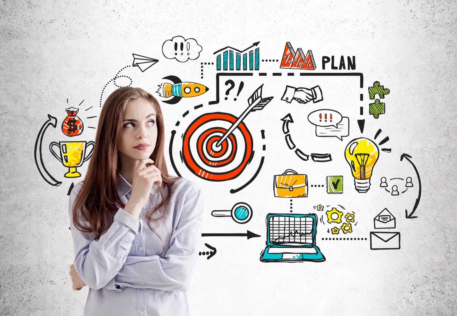 Woman thinking in front of an organization plan